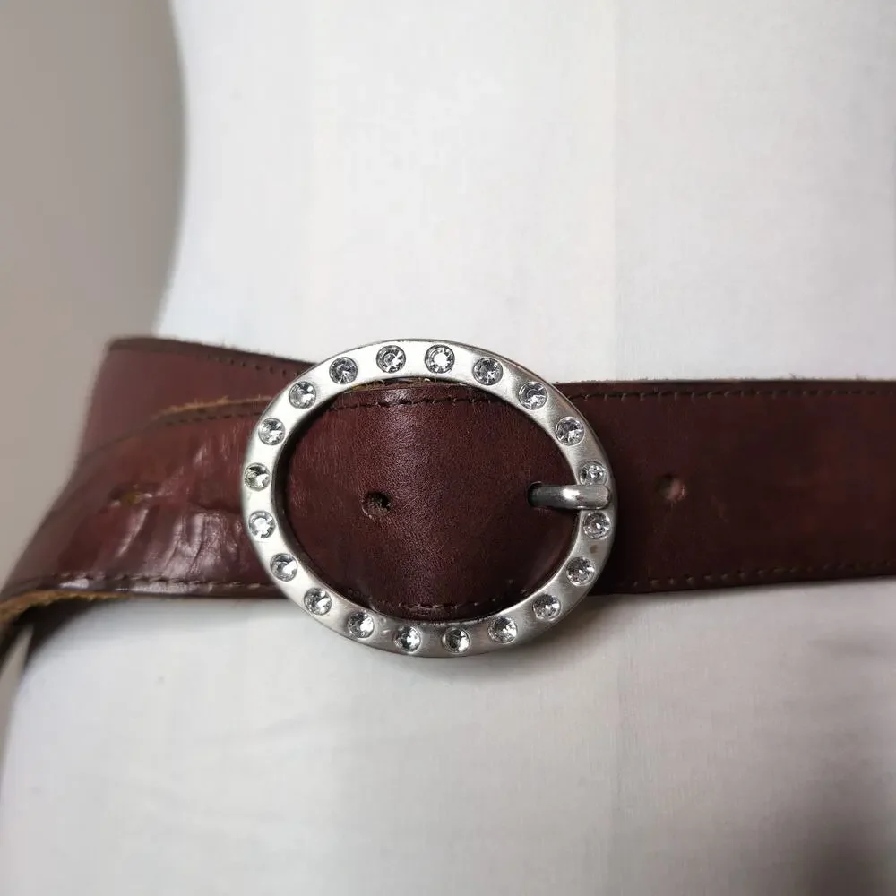 Brown Leather Belt Rhinestone Buckle Western